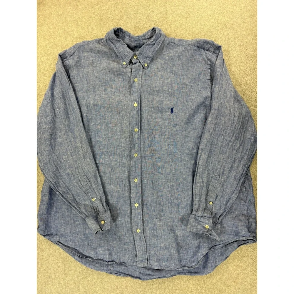 Polo Ralph Lauren 100% Linen Long Sleeve Button Down Shirt (Men's 3XL Big) Blue